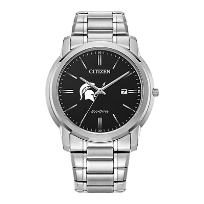 Men's Citizen Watch Silver Michigan State Spartans Eco-Drive Black Dial Stainless Steel Watch