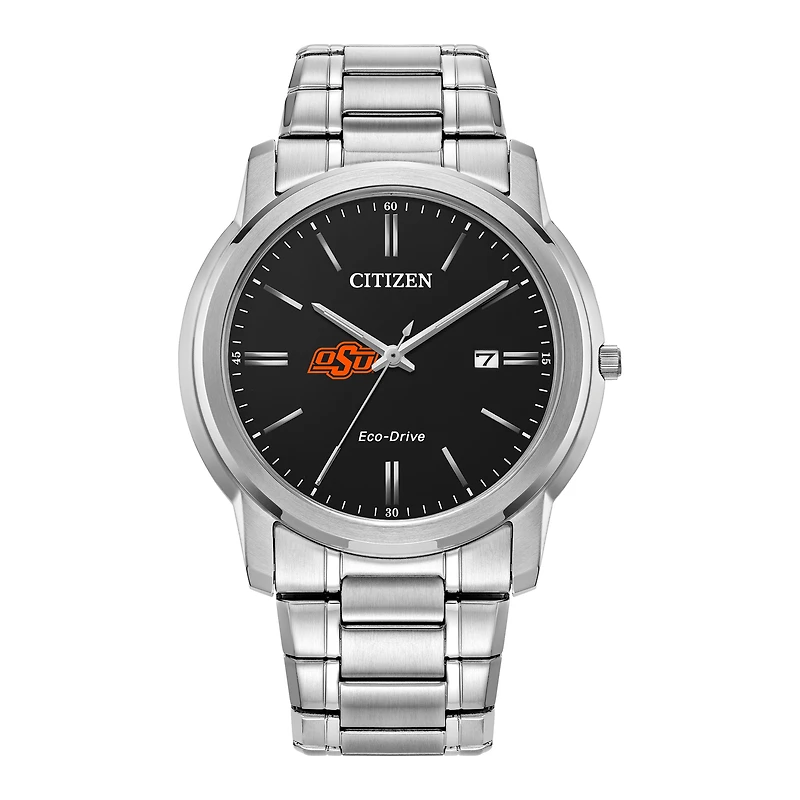 Men's Citizen Watch Silver Oklahoma State Cowboys Eco-Drive Black Dial Stainless Steel Watch