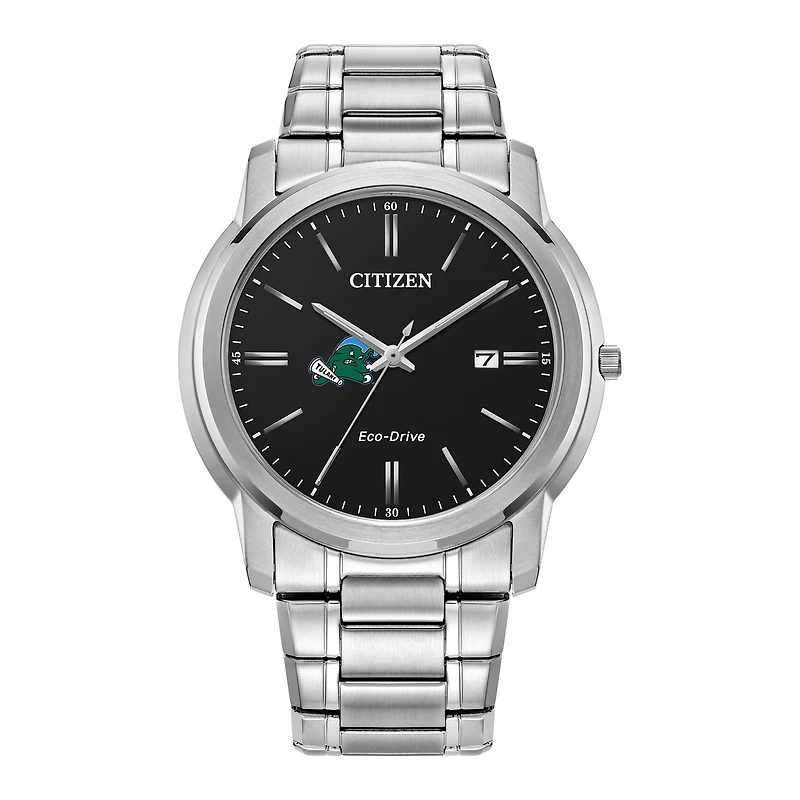 Men's Citizen Watch Silver Tulane Green Wave Eco-Drive Black Dial Stainless Steel Watch
