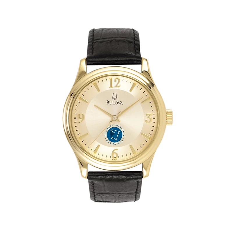 Men's Bulova  Gold/Black Niagara Falls Culinary Institute Stainless Steel Watch with Leather Band