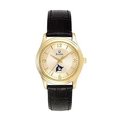 Women's Bulova Gold/Black Westfield State Owls Stainless Steel Watch with Leather Band