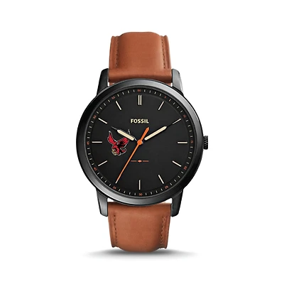 Men's Fossil  Black/Brown Roberts Wesleyan Redhawks Minimalist Slim Light Brown Leather Watch
