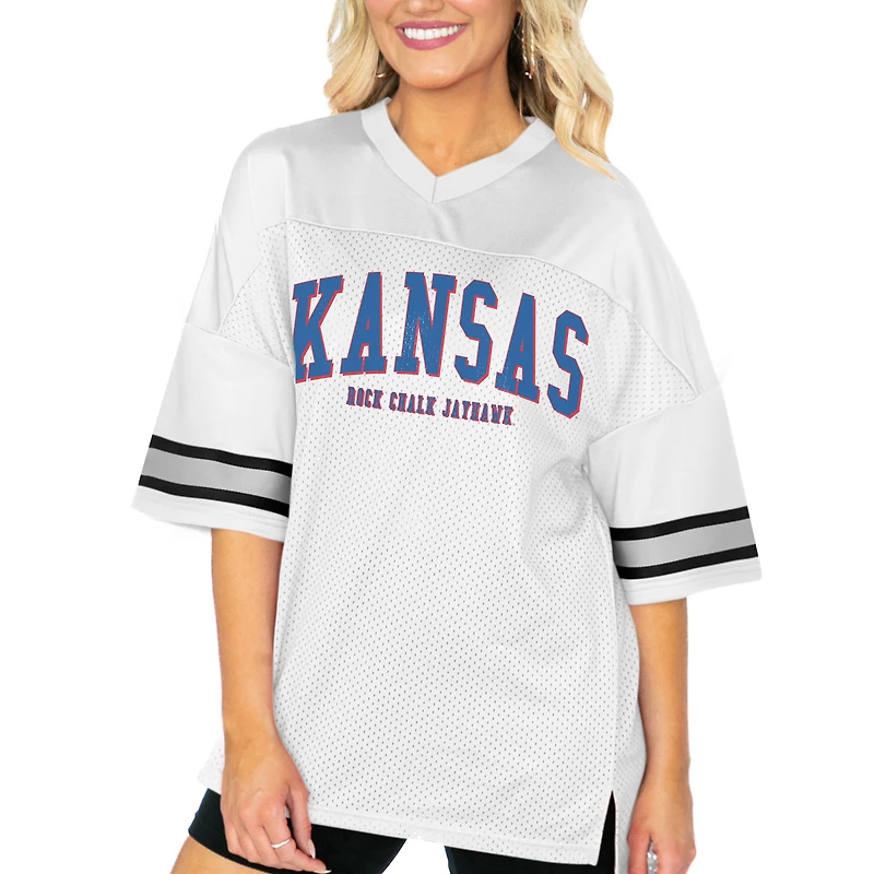 Women's Gameday Couture  White Kansas Jayhawks Option Play Oversized Mesh Fashion Jersey
