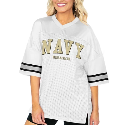 Women's Gameday Couture  White Navy Midshipmen Option Play Oversized Mesh Fashion Jersey