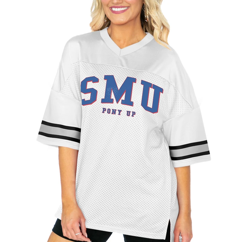 Women's Gameday Couture  White SMU Mustangs Option Play Oversized Mesh Fashion Jersey