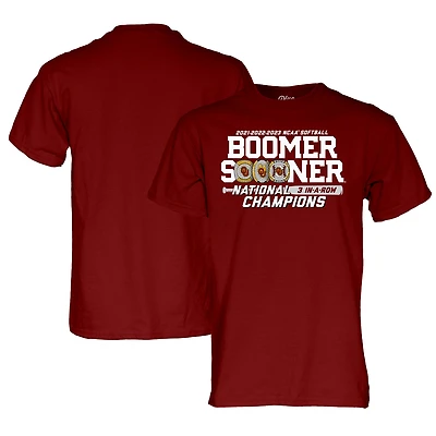 Unisex Blue 84 Crimson Oklahoma Sooners Three-Peat NCAA Softball Women's College World Series Champions T-Shirt