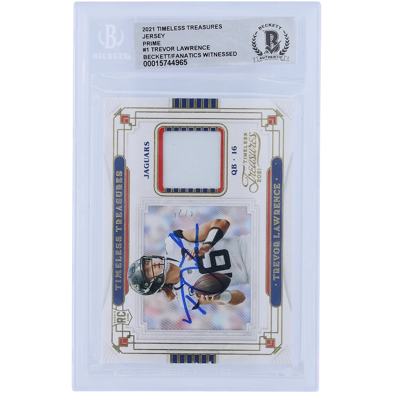 Limited Edition of 25 Rookie Card: Trevor Lawrence Jacksonville Jaguars Autographed 2021 Panini Timeless Treasures Jersey Prime Relic Beckett Fanatics Witnessed Authenticated