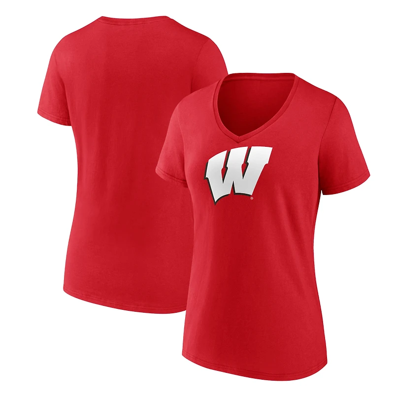 Women's Fanatics Red Wisconsin Badgers Logo V-Neck T-Shirt
