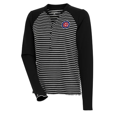 Women's Antigua  Black/White Chicago Cubs Maverick Henley Long Sleeve T-Shirt