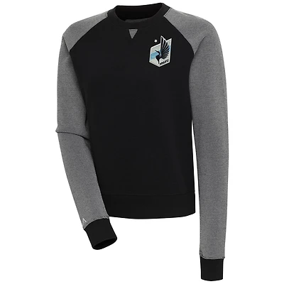 Women's Antigua  Black/White Minnesota United FC Flier Bunker Tri-Blend Pullover Sweatshirt
