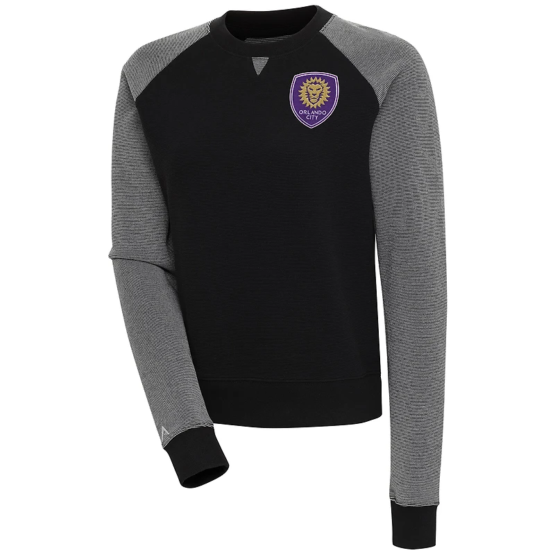 Women's Antigua  Black/White Orlando City SC Flier Bunker Tri-Blend Pullover Sweatshirt