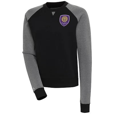 Women's Antigua  Black/White Orlando City SC Flier Bunker Tri-Blend Pullover Sweatshirt