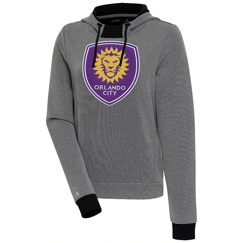 Women's Antigua  Black/White Orlando City SC Axe Bunker Tri-Blend Pullover Hoodie
