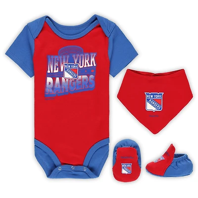 Infant Mitchell & Ness Red/Blue New York Rangers Big Score 3-Pack Bodysuit, Bib and Bootie Set