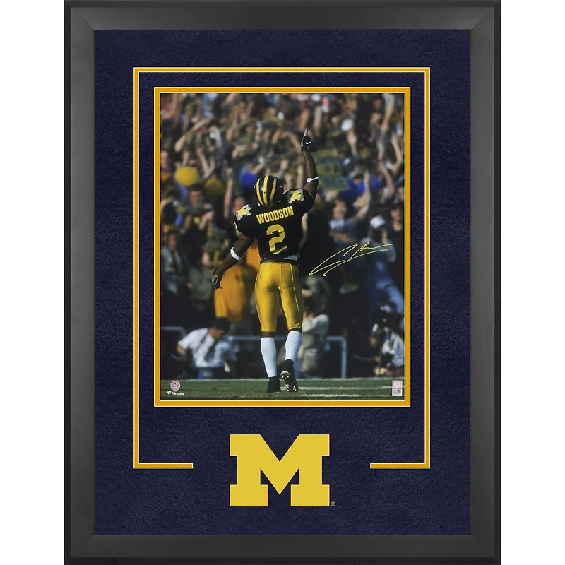 Charles Woodson Michigan Wolverines Autographed Deluxe Framed 16" x 20" Pointing Up Photograph - Signature in Yellow Ink