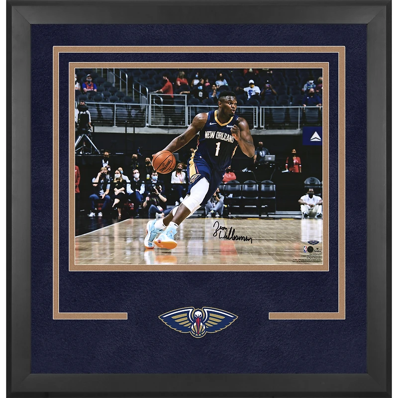 Zion Williamson New Orleans Pelicans Autographed Deluxe Framed 16" x 20" Dribbling In Navy Jersey Photograph