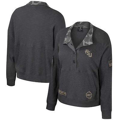 Women's Colosseum Heather Charcoal Florida State Seminoles OHT Military Appreciation Payback Henley Thermal Sweatshirt