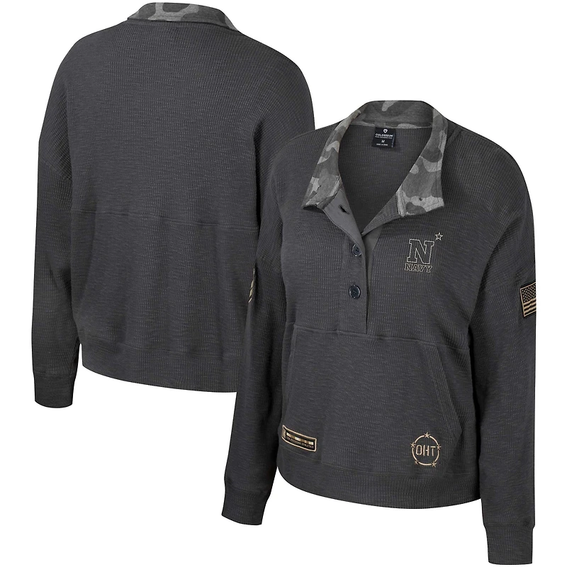 Women's Colosseum Heather Charcoal Navy Midshipmen OHT Military Appreciation Payback Henley Thermal Sweatshirt