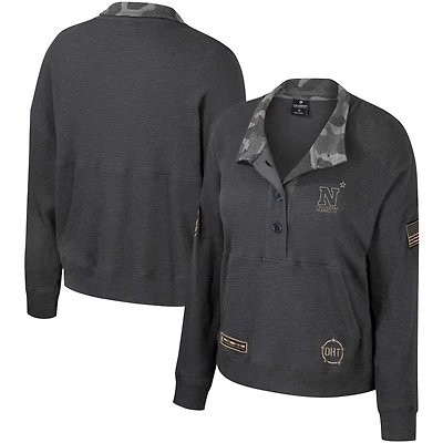 Women's Colosseum Heather Charcoal Navy Midshipmen OHT Military Appreciation Payback Henley Thermal Sweatshirt