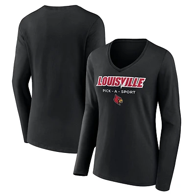Women's Black Louisville Cardinals Authentic Pick-A-Sport Long Sleeve V-Neck T-Shirt
