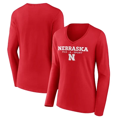 Women's Scarlet Nebraska Huskers Authentic Pick-A-Sport Long Sleeve V-Neck T-Shirt