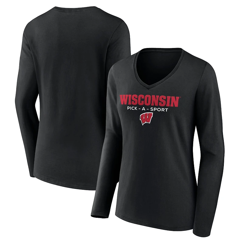 Women's Black Wisconsin Badgers Authentic Pick-A-Sport Long Sleeve V-Neck T-Shirt