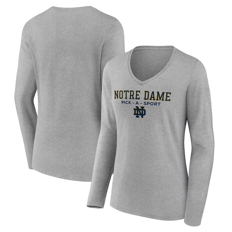 Women's Heather Gray Notre Dame Fighting Irish Authentic Pick-A-Sport Long Sleeve V-Neck T-Shirt