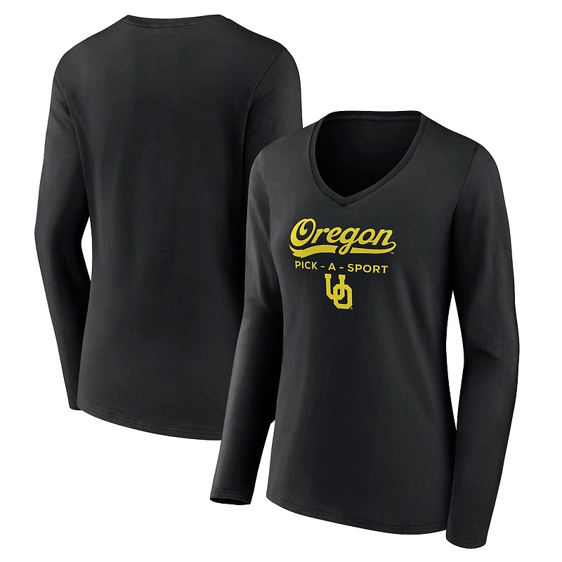 Women's Black Oregon Ducks Authentic Pick-A-Sport Long Sleeve V-Neck T-Shirt