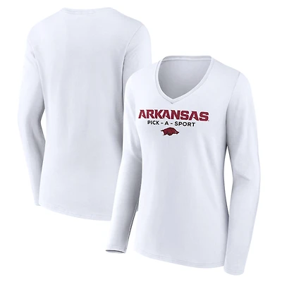 Women's White Arkansas Razorbacks Authentic Pick-A-Sport Long Sleeve V-Neck T-Shirt
