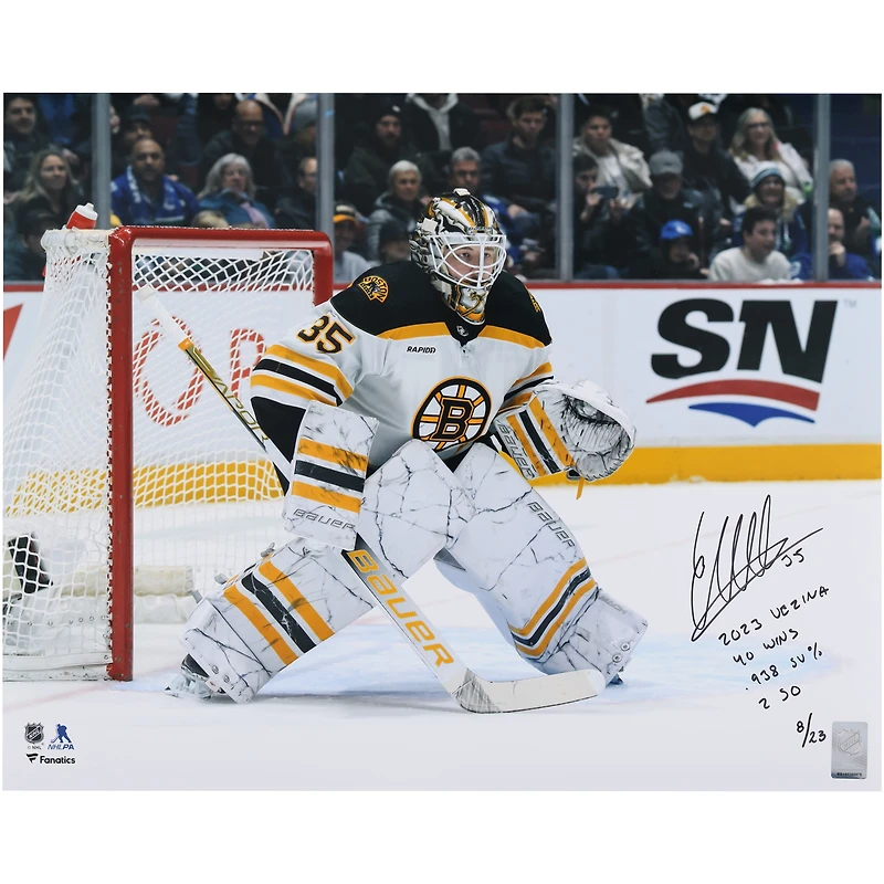 Linus Ullmark Boston Bruins Autographed 2023 Vezina Trophy Winner 16" x 20" White Jersey in Net Photograph with Multiple Inscriptions - Limited Edition of 23