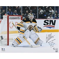 Linus Ullmark Boston Bruins Autographed 2023 Vezina Trophy Winner 16" x 20" White Jersey in Net Photograph with Multiple Inscriptions - Limited Edition of 23