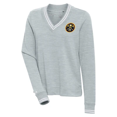Women's Antigua  Heather Gray Denver Nuggets Parker V-Neck Pullover Sweatshirt