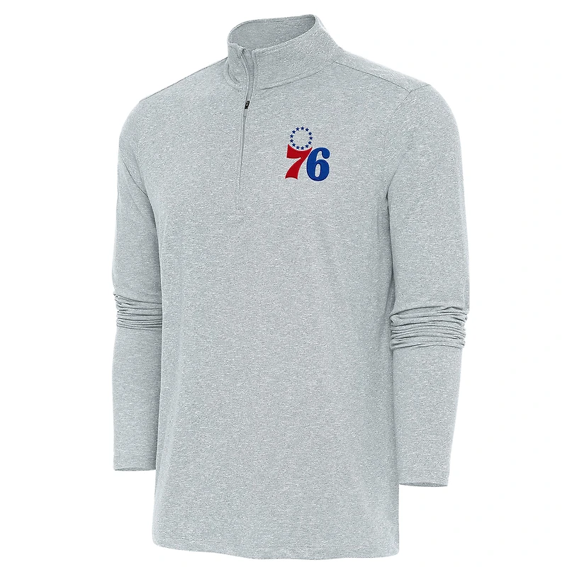Men's Antigua Heather Gray Philadelphia 76ers Hunk Quarter-Zip Pullover Top