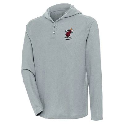 Men's Antigua  Gray Miami Heat Strong Hold Long Sleeve Henley Hoodie T-Shirt