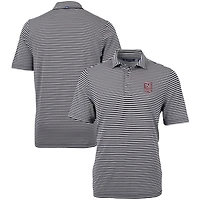 Men's Cutter & Buck  Black Harvard Crimson Football 150th Anniversary DryTec Virtue Eco Pique Stripe Recycled Polo
