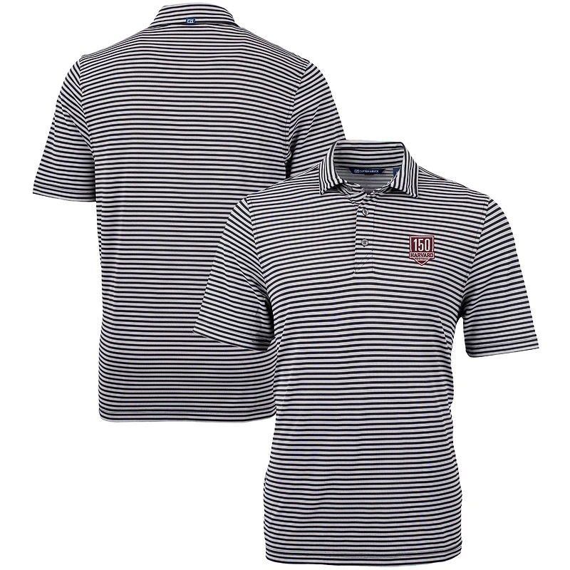 Men's Cutter & Buck Black Harvard Crimson Football 150th Anniversary DryTec Virtue Eco Pique Stripe Recycled Polo