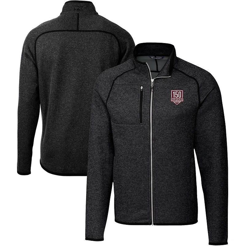 Men's Cutter & Buck  Heather Charcoal Harvard Crimson Football 150th Anniversary Mainsail Sweater-Knit Full-Zip Jacket
