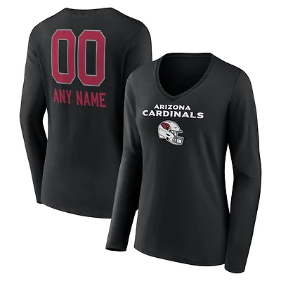 Women's Black Arizona Cardinals Personalized Name & Number Team Wordmark Long Sleeve V-Neck T-Shirt