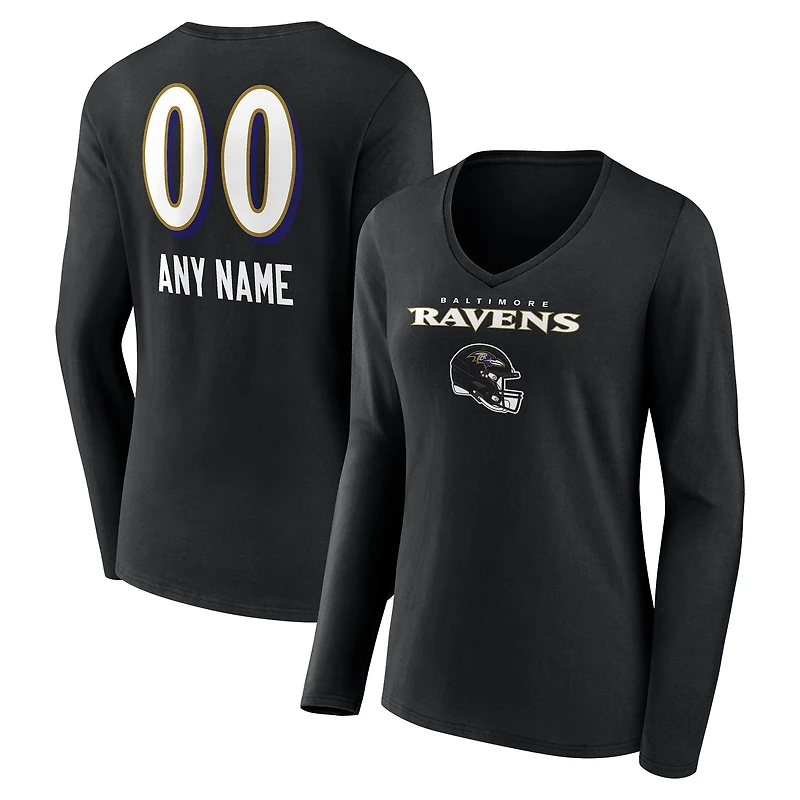 Women's Black Baltimore Ravens Personalized Name & Number Team Wordmark Long Sleeve V-Neck T-Shirt