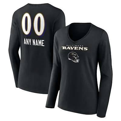Women's Black Baltimore Ravens Personalized Name & Number Team Wordmark Long Sleeve V-Neck T-Shirt