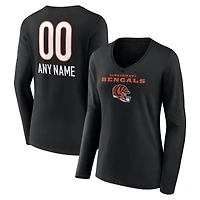 Women's Black Cincinnati Bengals Personalized Name & Number Team Wordmark Long Sleeve V-Neck T-Shirt