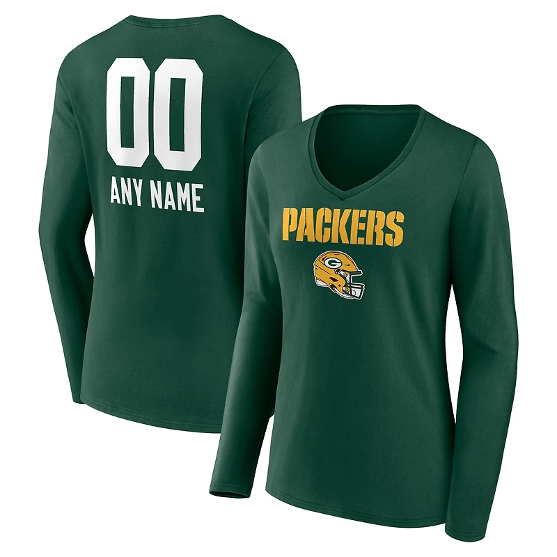 Women's Green Green Bay Packers Personalized Name & Number Team Wordmark Long Sleeve V-Neck T-Shirt