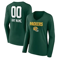 Women's Green Green Bay Packers Personalized Name & Number Team Wordmark Long Sleeve V-Neck T-Shirt