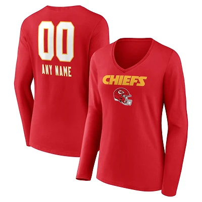 Women's Red Kansas City Chiefs Personalized Name & Number Team Wordmark Long Sleeve V-Neck T-Shirt