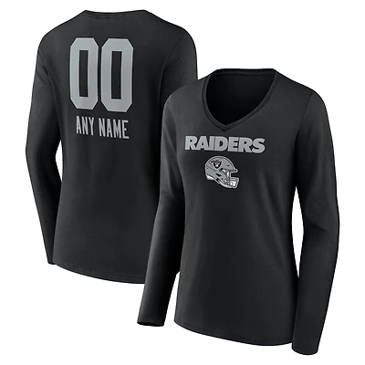 Women's Black Las Vegas Raiders Personalized Name & Number Team Wordmark Long Sleeve V-Neck T-Shirt