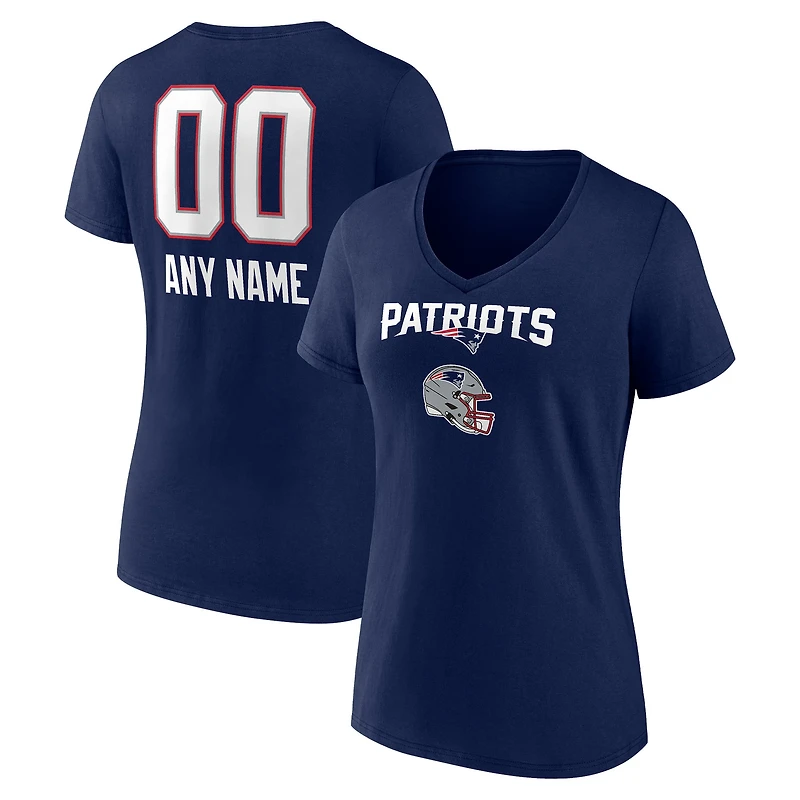 Women's Navy New England Patriots Personalized Name & Number Team Wordmark V-Neck T-Shirt