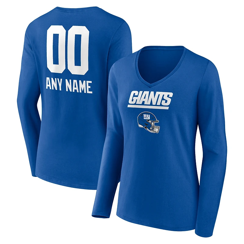 Women's Royal New York Giants Personalized Name & Number Team Wordmark Long Sleeve V-Neck T-Shirt