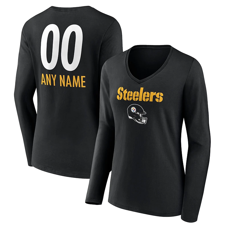 Women's Black Pittsburgh Steelers Personalized Name & Number Team Wordmark Long Sleeve V-Neck T-Shirt