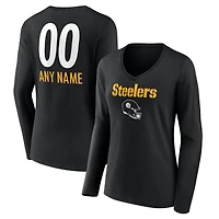Women's Black Pittsburgh Steelers Personalized Name & Number Team Wordmark Long Sleeve V-Neck T-Shirt