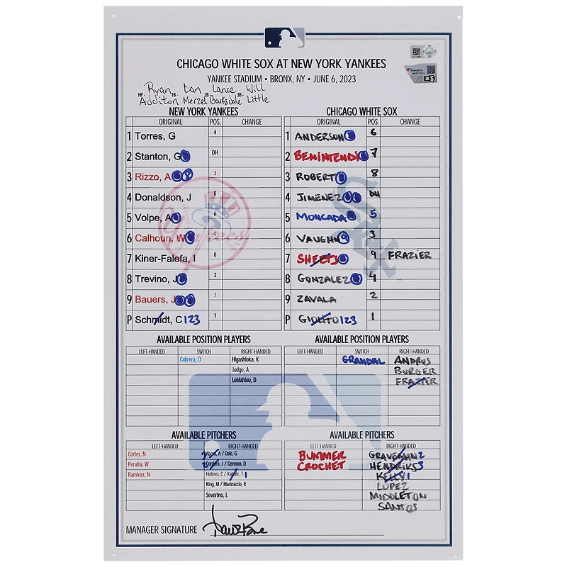 New York Yankees Game-Used Lineup Card vs. Chicago White Sox on June 6, 2023